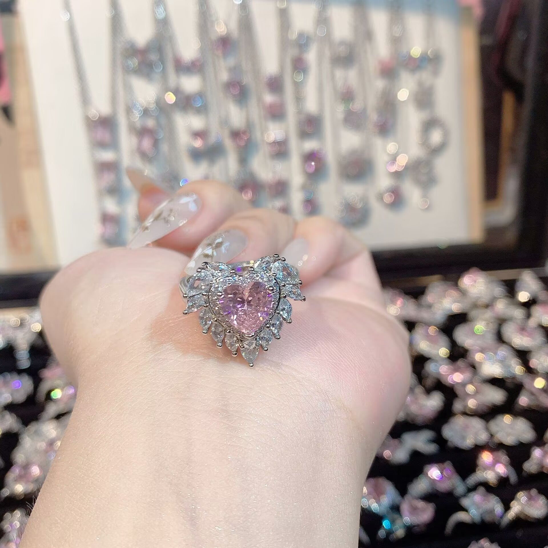 FENG SHUI - 32 Explosive high carbon diamond high quality ultra flash cherry blossom powder zirconium female ring collection advanced design sense ring