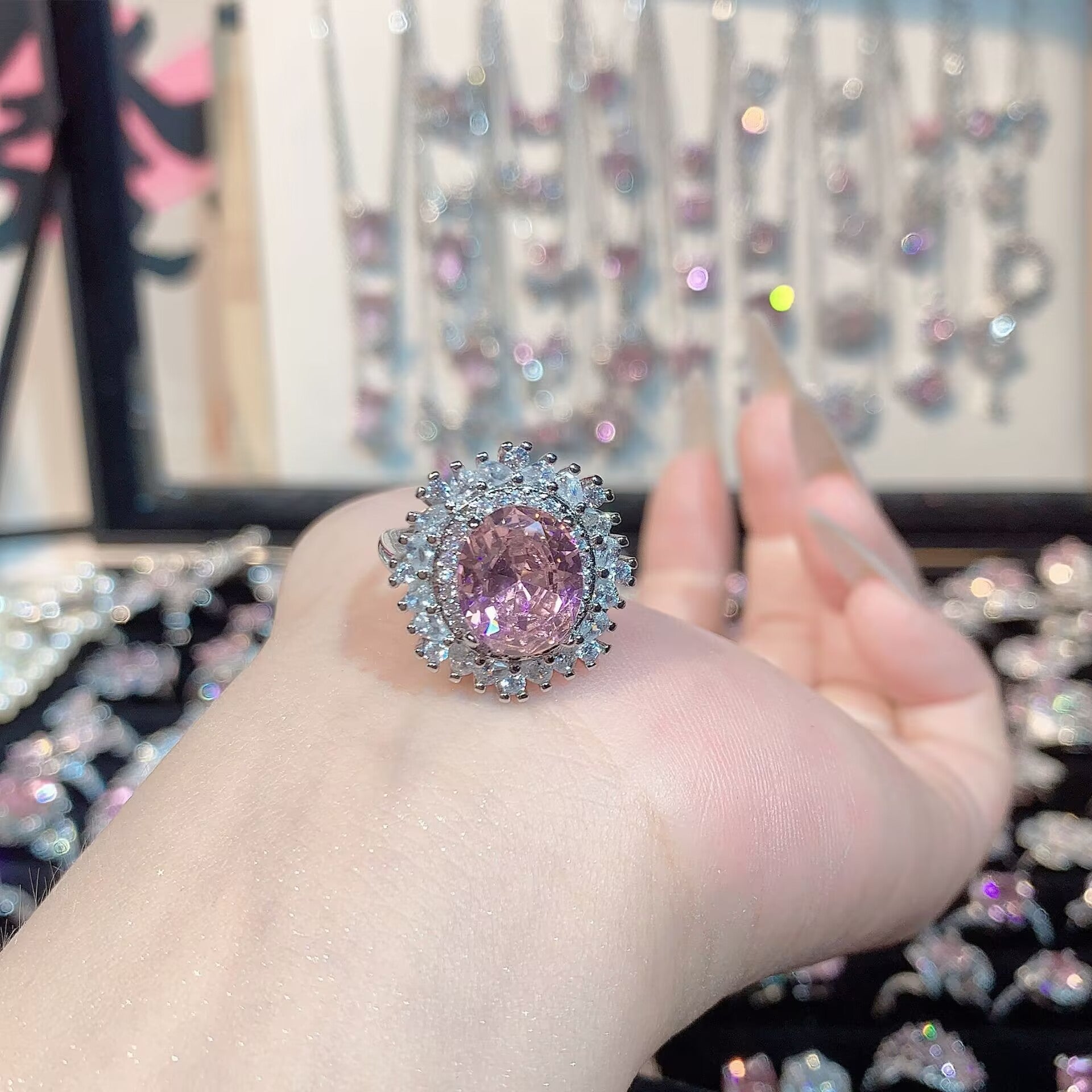 FENG SHUI - 32 Explosive high carbon diamond high quality ultra flash cherry blossom powder zirconium female ring collection advanced design sense ring