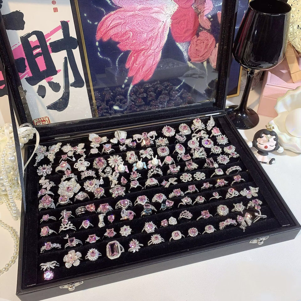 FENG SHUI - 32 Explosive high carbon diamond high quality ultra flash cherry blossom powder zirconium female ring collection advanced design sense ring