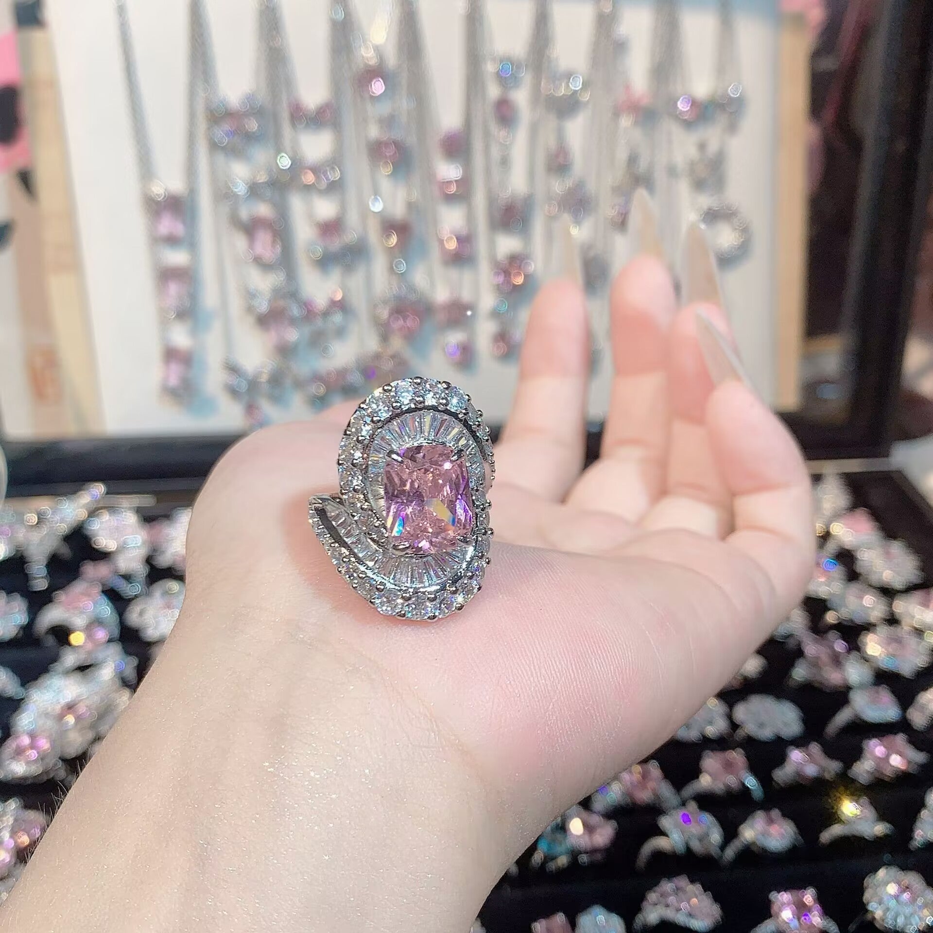 FENG SHUI - 33 Bright zircon cherry blossom pink diamond ring for women