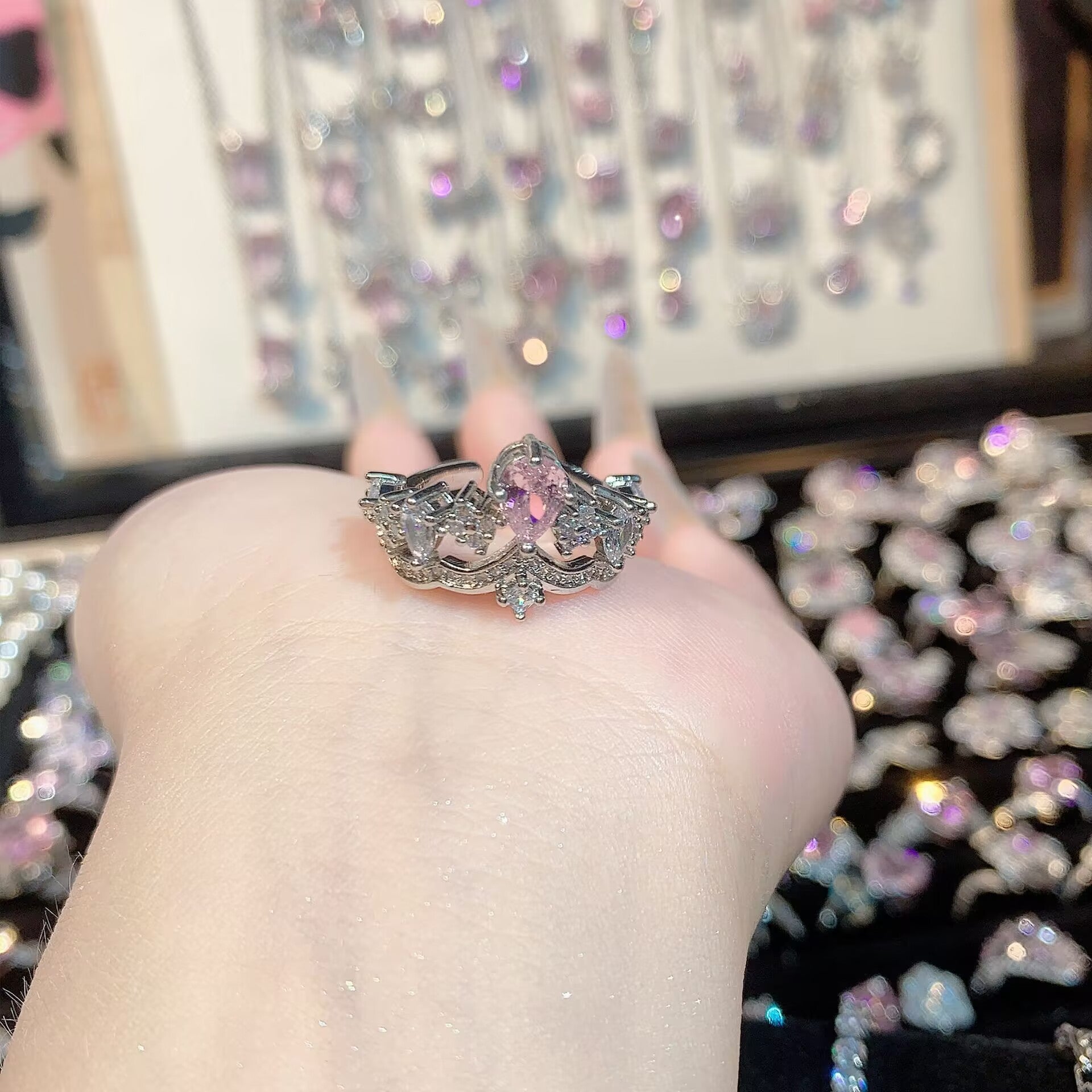 FENG SHUI - 32 Explosive high carbon diamond high quality ultra flash cherry blossom powder zirconium female ring collection advanced design sense ring