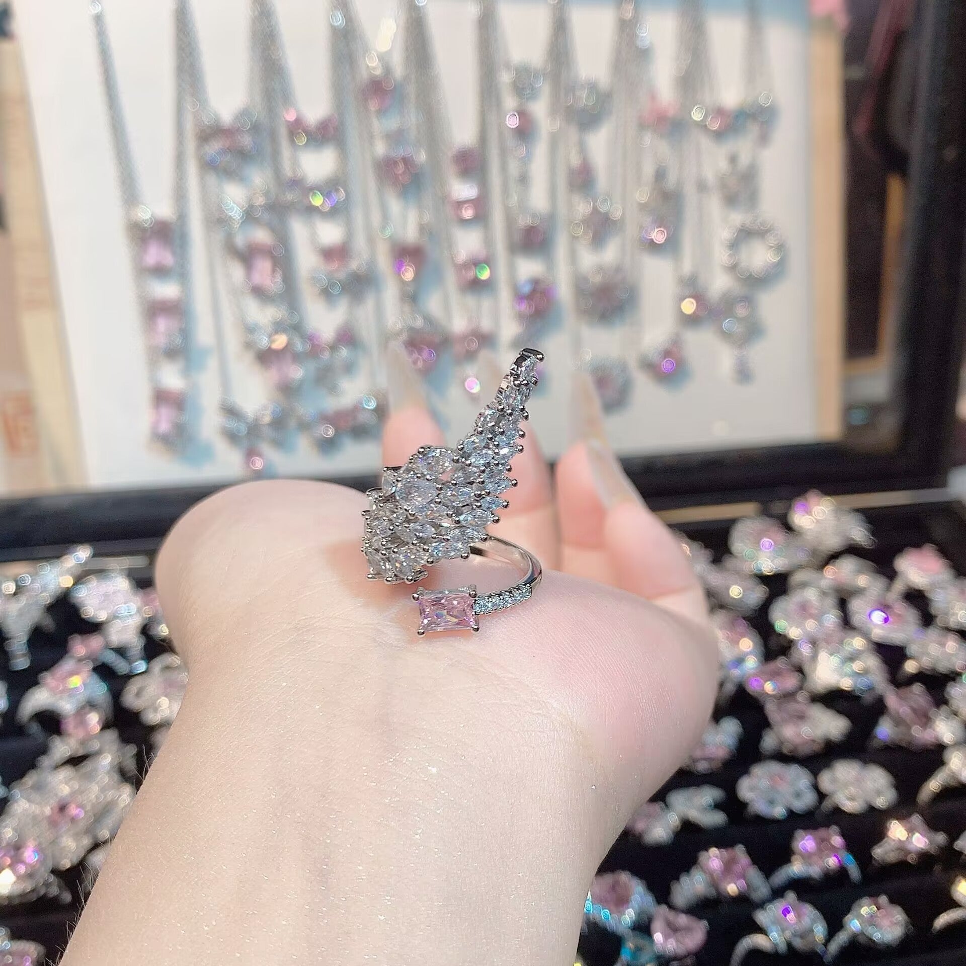 FENG SHUI - 32 Explosive high carbon diamond high quality ultra flash cherry blossom powder zirconium female ring collection advanced design sense ring