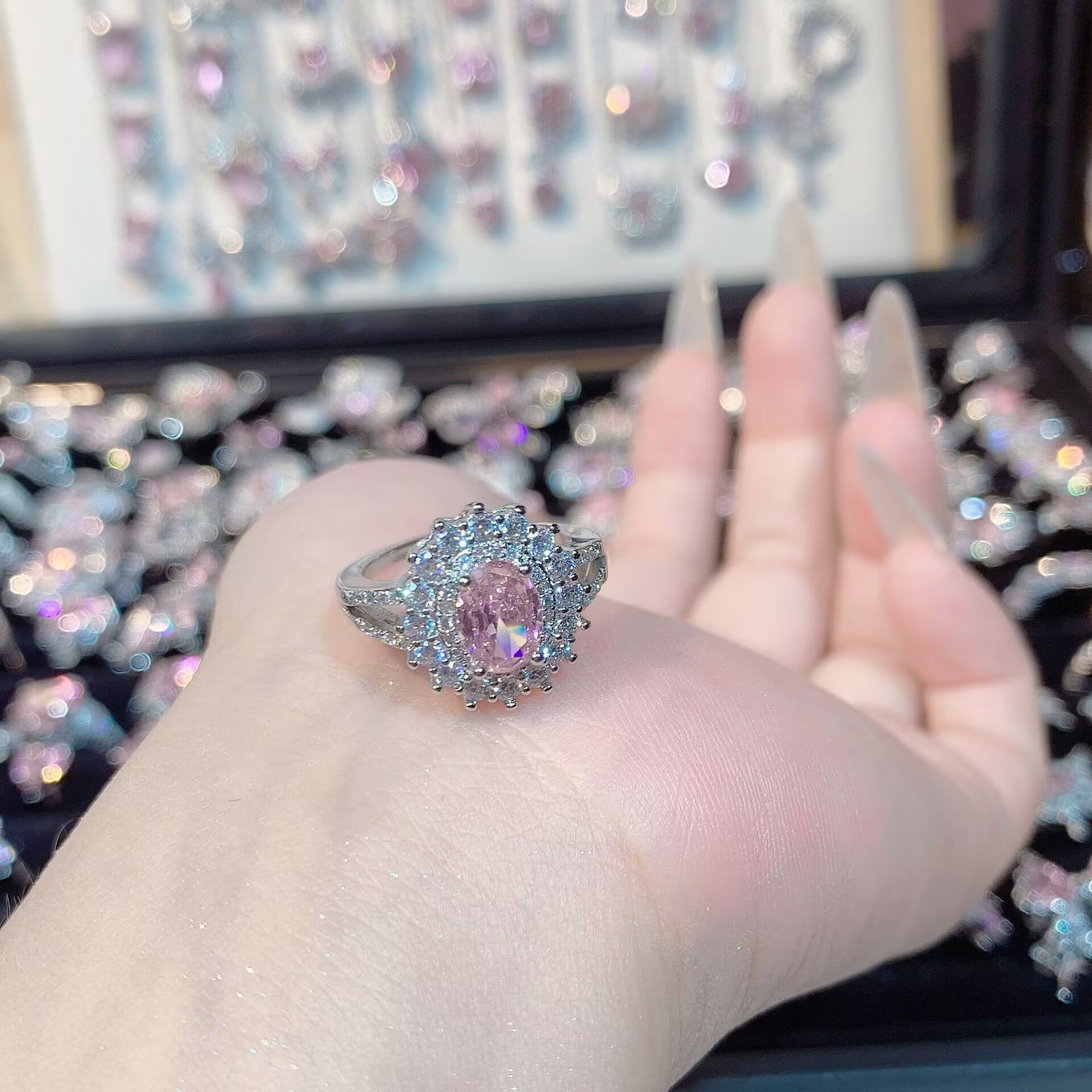 FENG SHUI - 32 Explosive high carbon diamond high quality ultra flash cherry blossom powder zirconium female ring collection advanced design sense ring