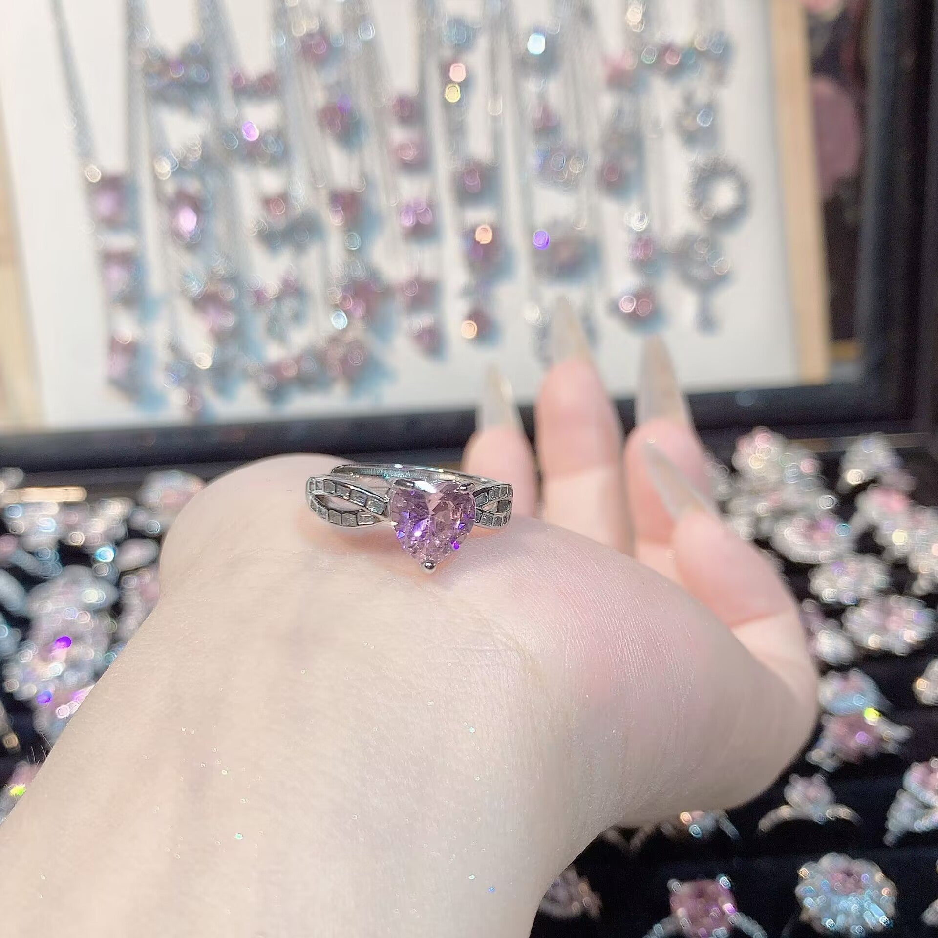 FENG SHUI - 32 Explosive high carbon diamond high quality ultra flash cherry blossom powder zirconium female ring collection advanced design sense ring