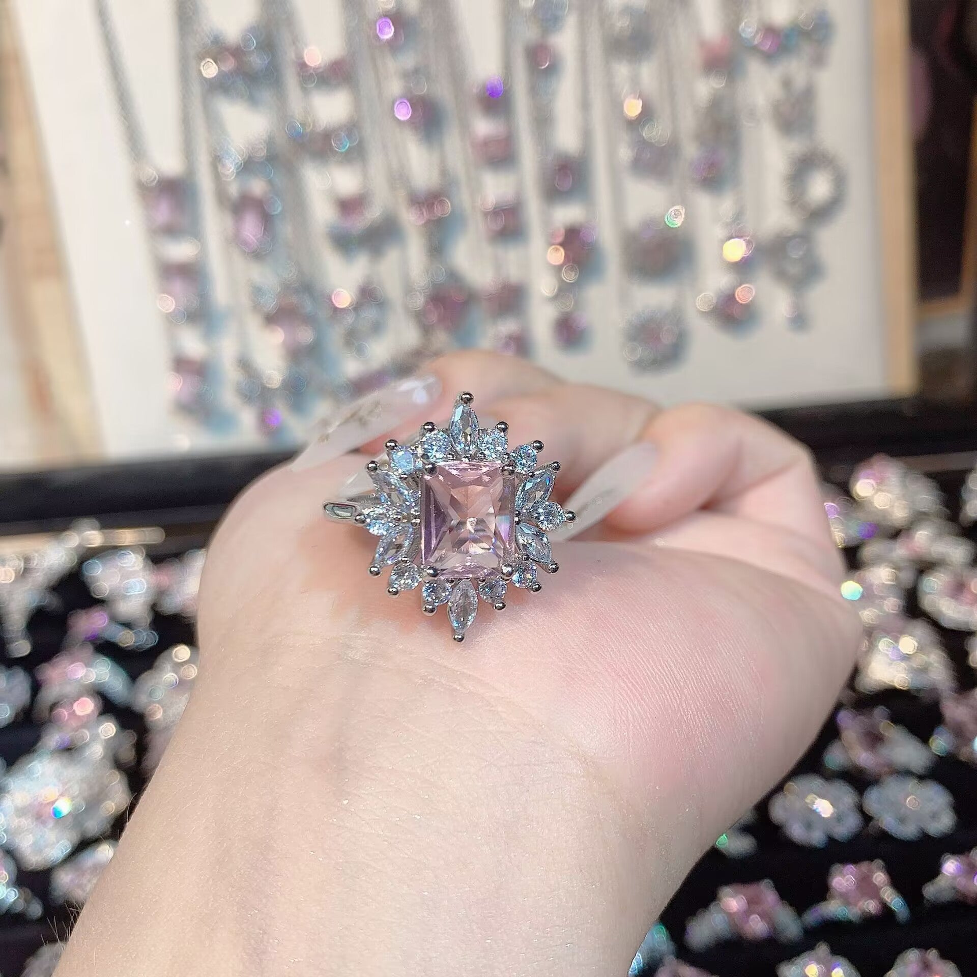 FENG SHUI - 33 Bright zircon cherry blossom pink diamond ring for women