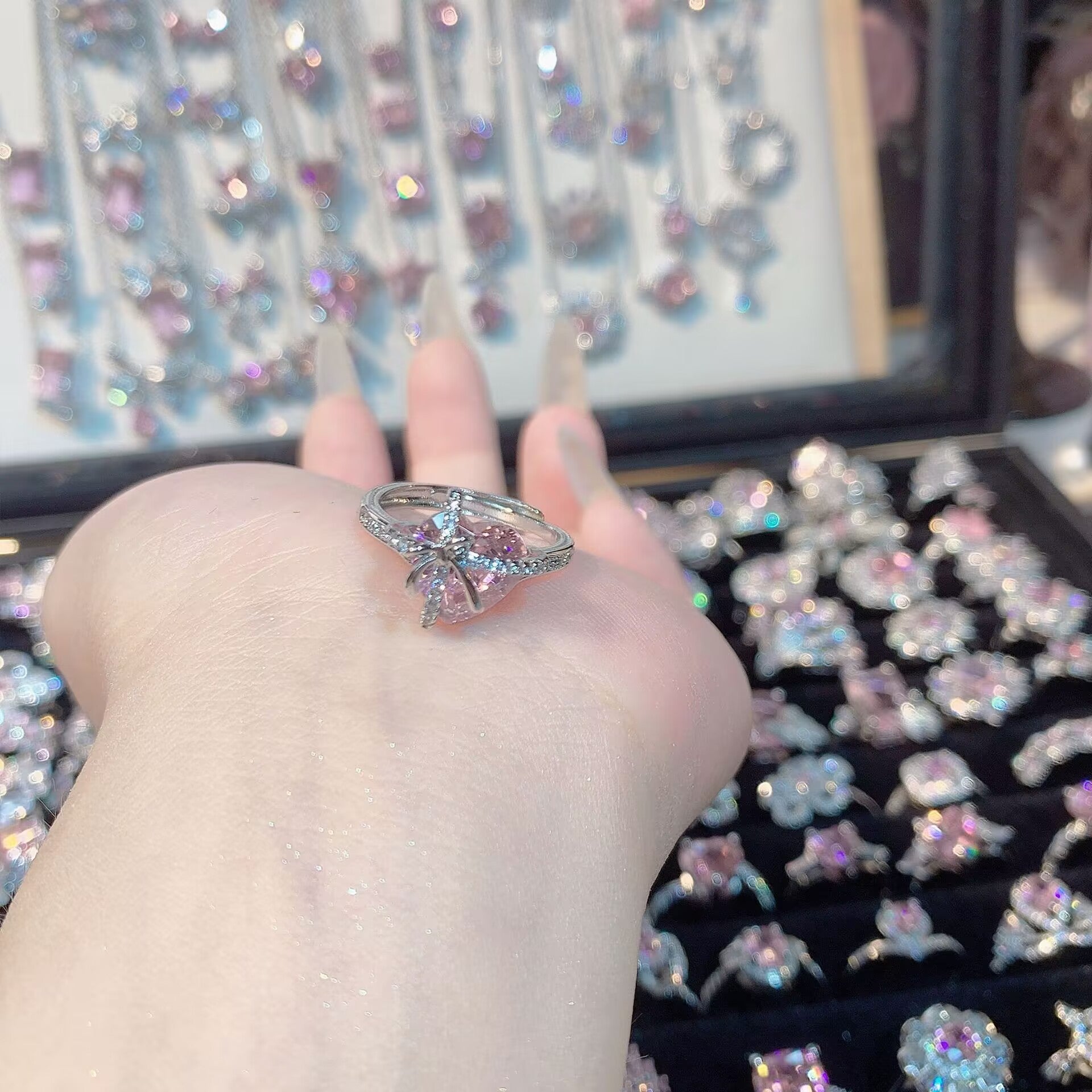 FENG SHUI - 32 Explosive high carbon diamond high quality ultra flash cherry blossom powder zirconium female ring collection advanced design sense ring