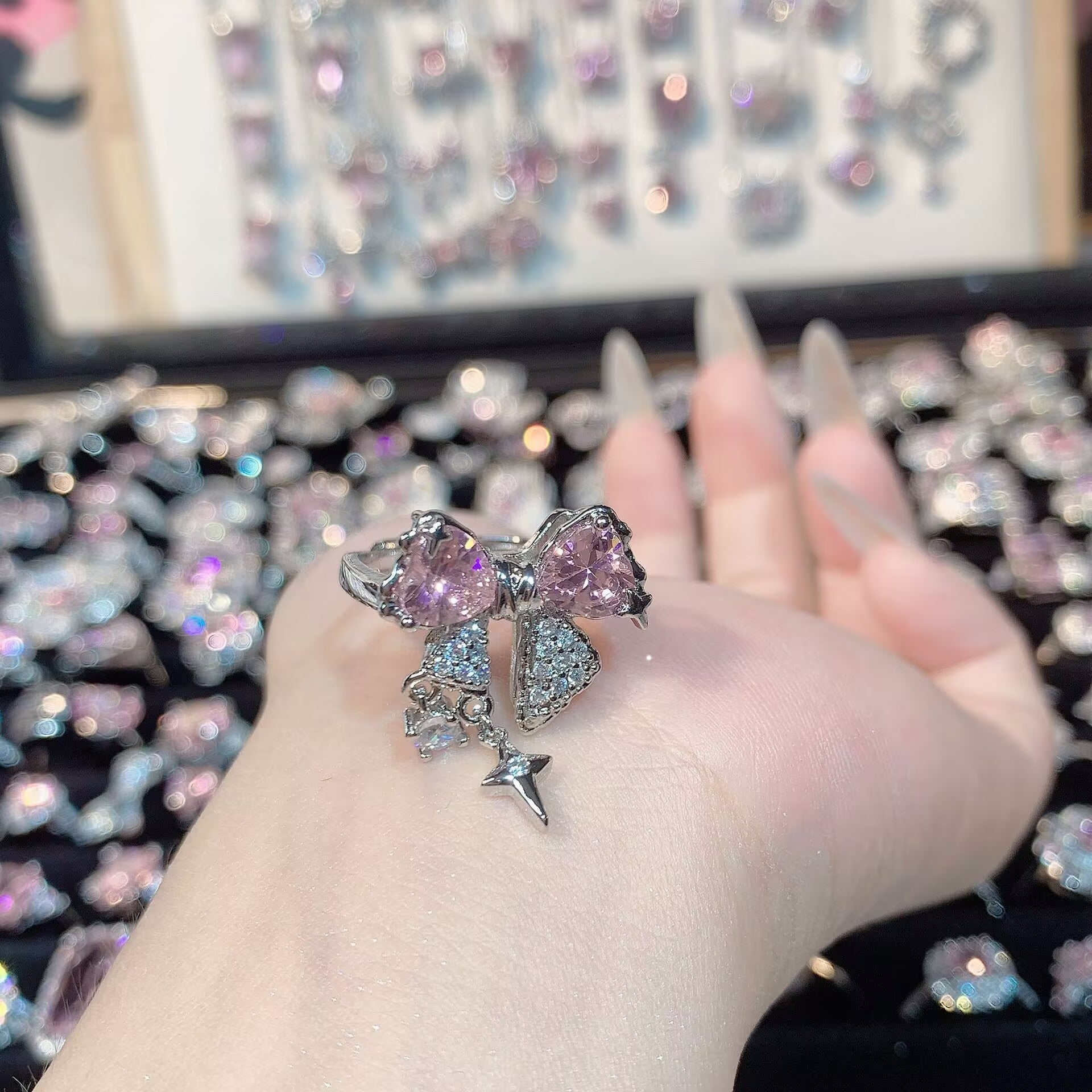 FENG SHUI - 32 Explosive high carbon diamond high quality ultra flash cherry blossom powder zirconium female ring collection advanced design sense ring