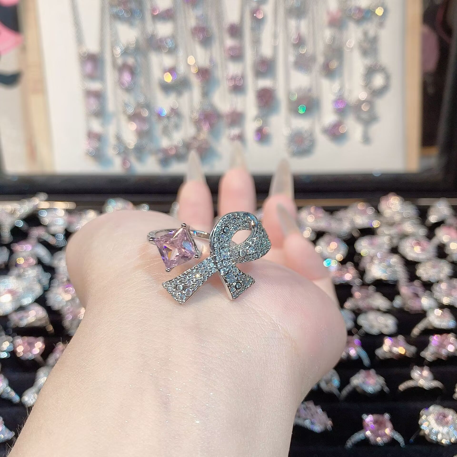 FENG SHUI - 32 Explosive high carbon diamond high quality ultra flash cherry blossom powder zirconium female ring collection advanced design sense ring