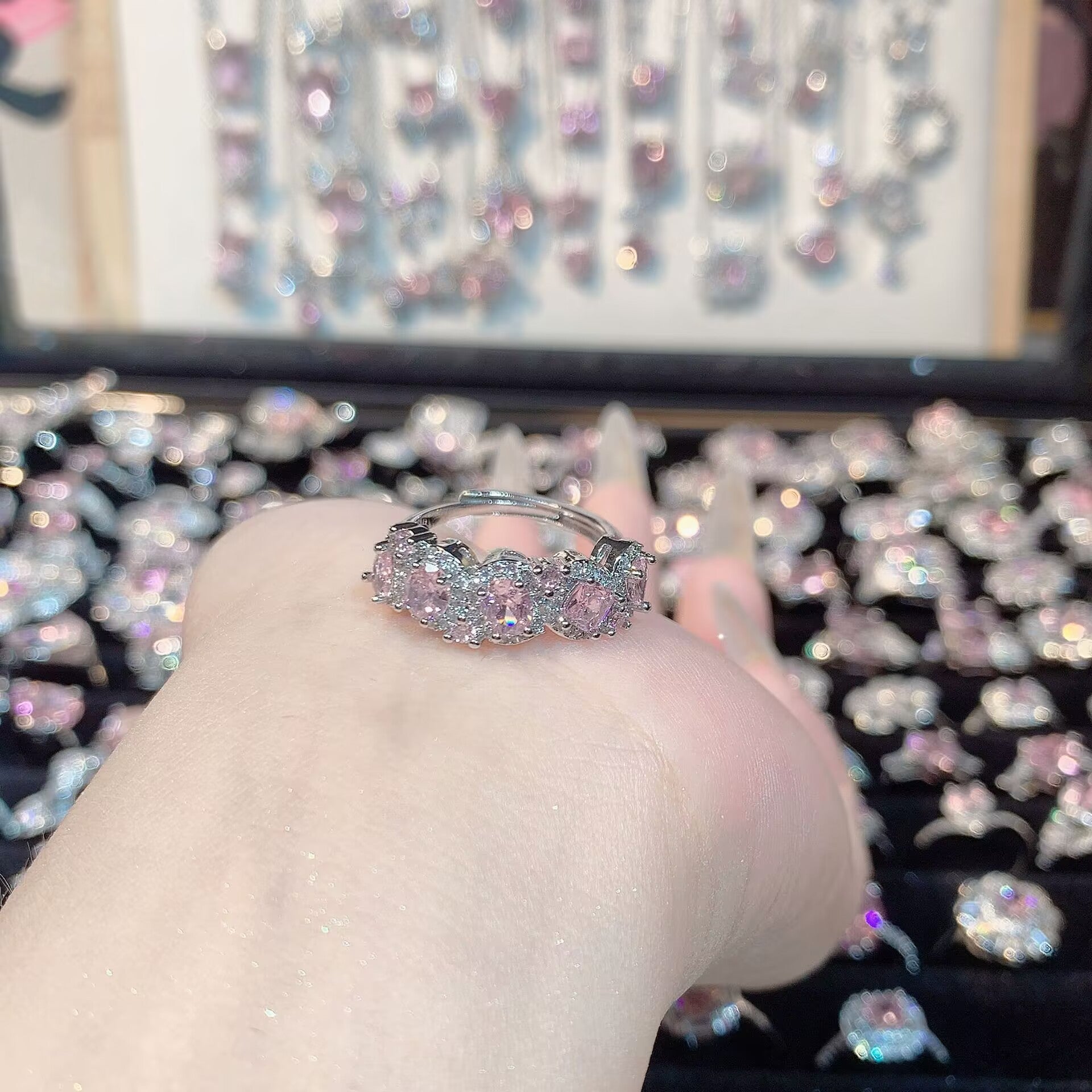 FENG SHUI - 32 Explosive high carbon diamond high quality ultra flash cherry blossom powder zirconium female ring collection advanced design sense ring