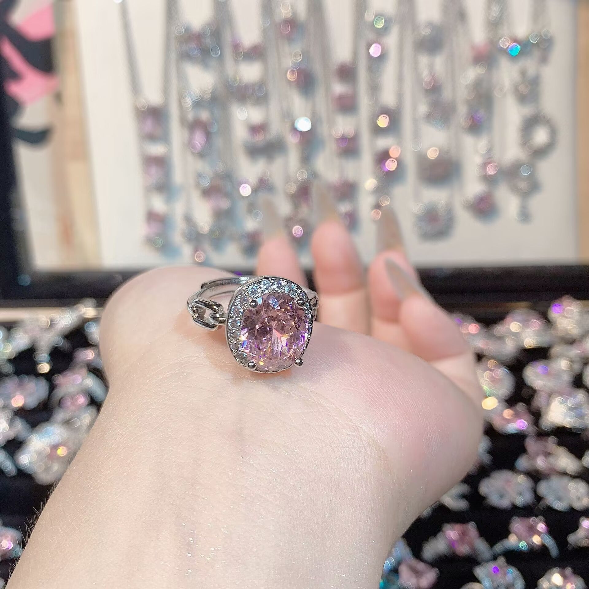 FENG SHUI - 32 Explosive high carbon diamond high quality ultra flash cherry blossom powder zirconium female ring collection advanced design sense ring