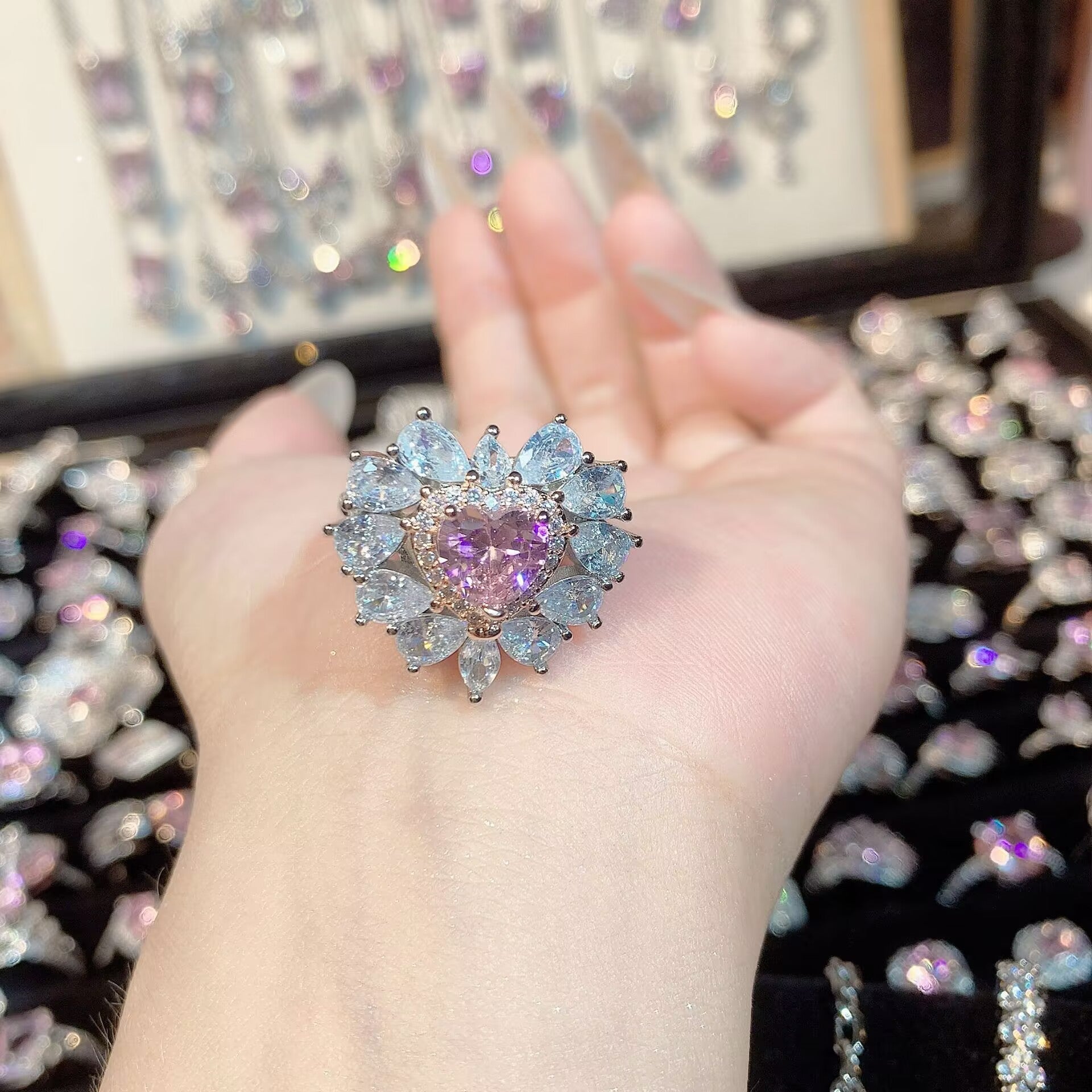 FENG SHUI - 32 Explosive high carbon diamond high quality ultra flash cherry blossom powder zirconium female ring collection advanced design sense ring