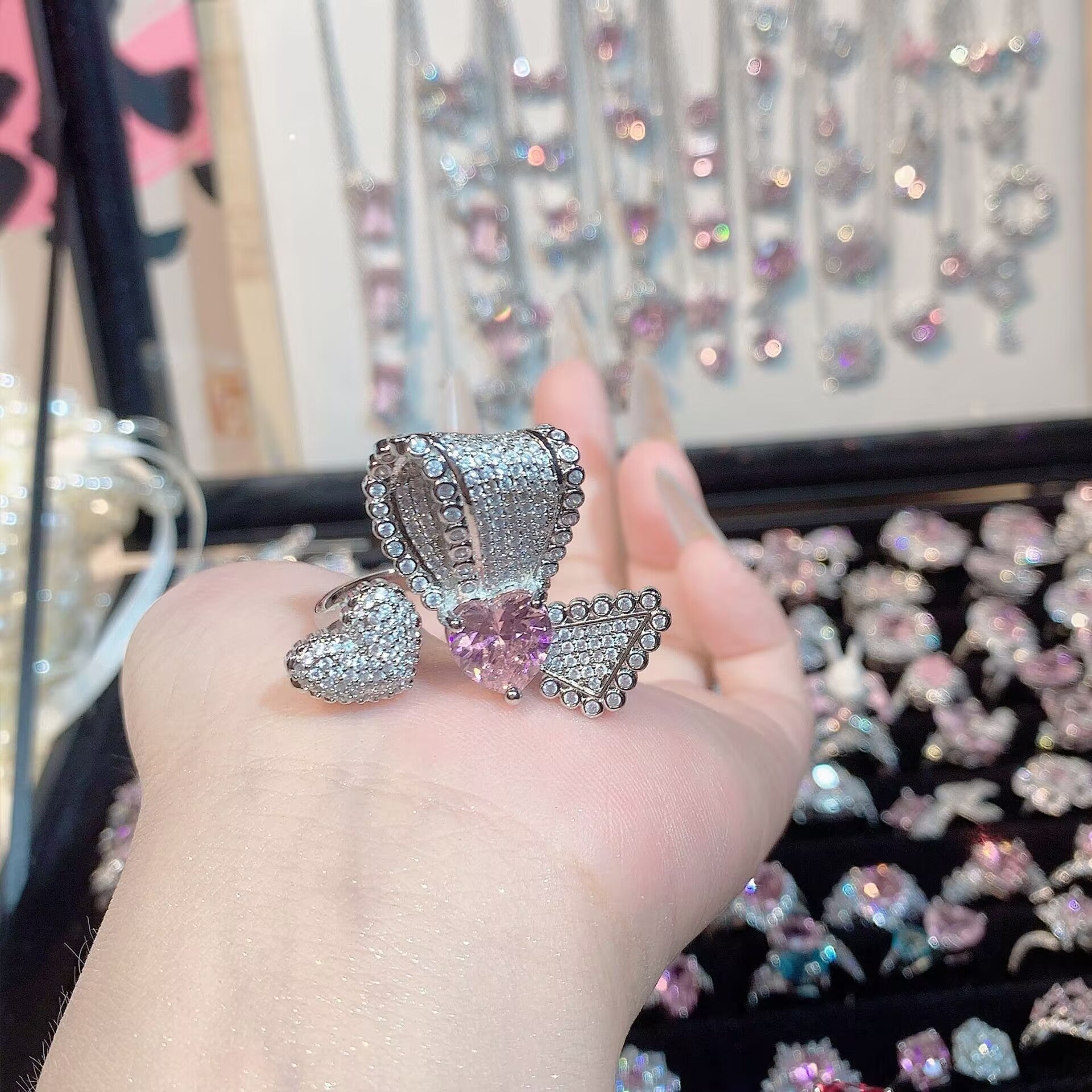 FENG SHUI - 32 Explosive high carbon diamond high quality ultra flash cherry blossom powder zirconium female ring collection advanced design sense ring