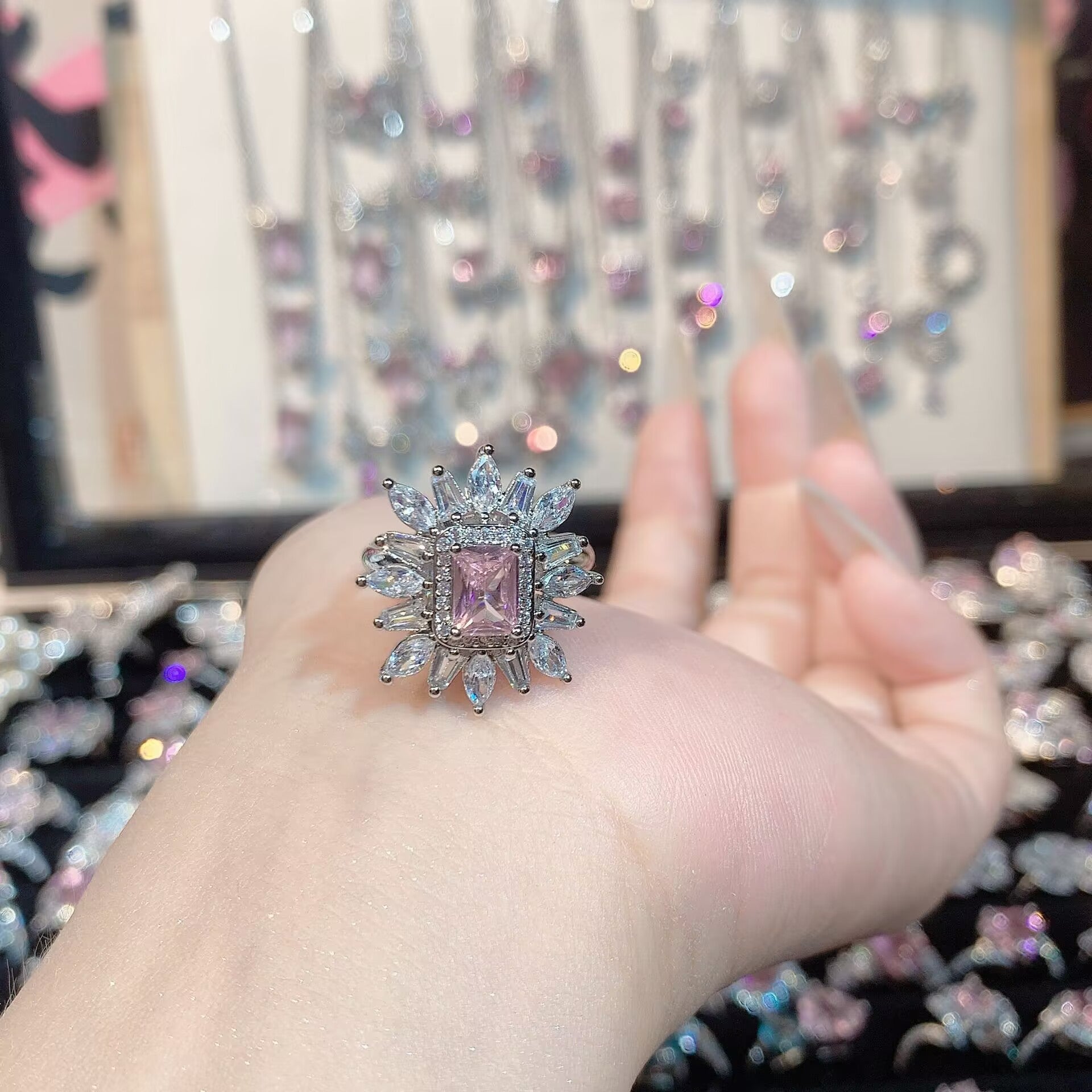 FENG SHUI - 33 Bright zircon cherry blossom pink diamond ring for women