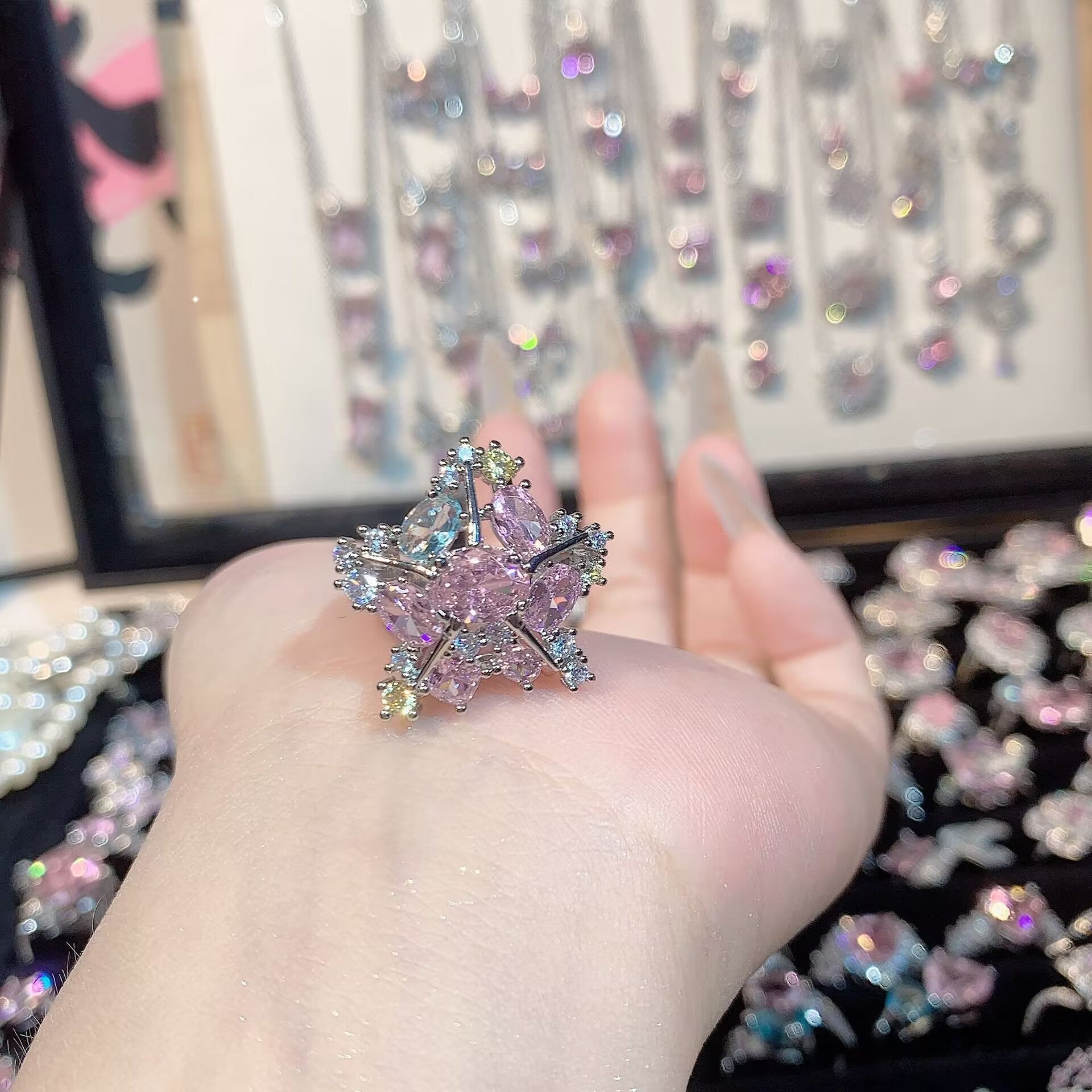 FENG SHUI - 32 Explosive high carbon diamond high quality ultra flash cherry blossom powder zirconium female ring collection advanced design sense ring