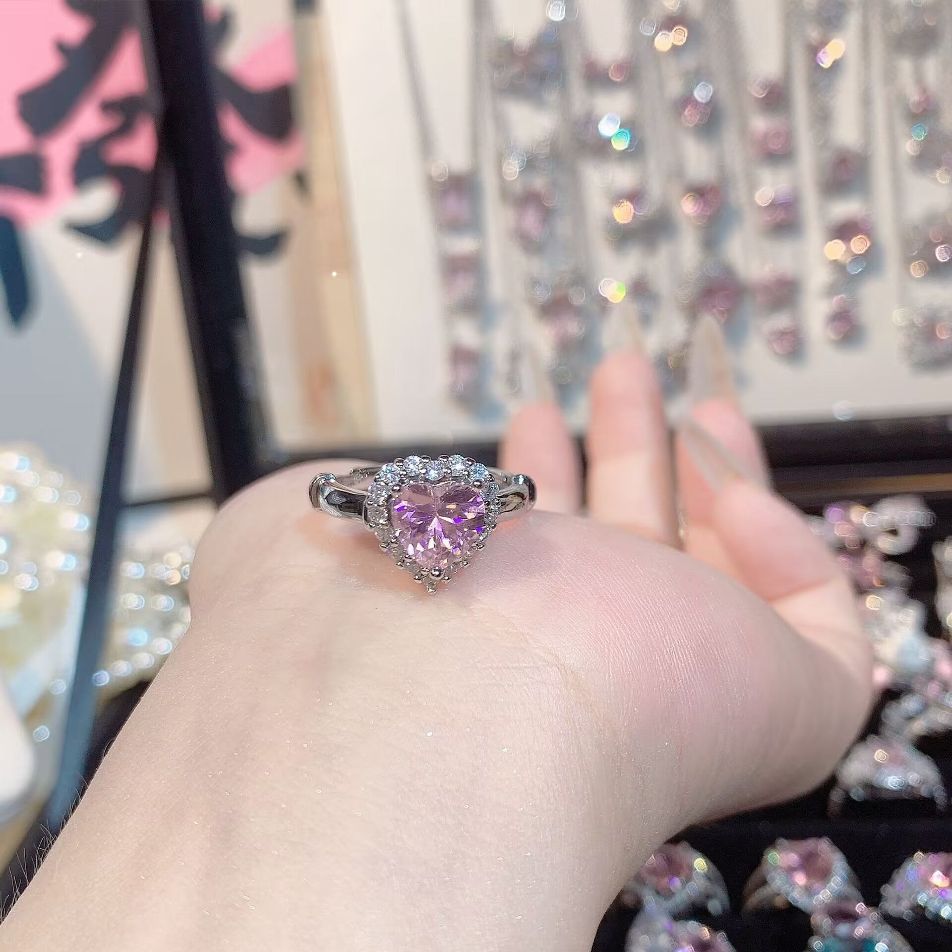 FENG SHUI - 32 Explosive high carbon diamond high quality ultra flash cherry blossom powder zirconium female ring collection advanced design sense ring