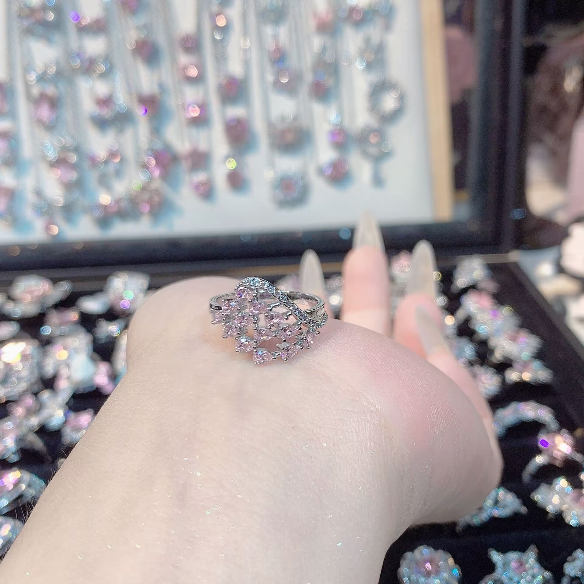 FENG SHUI - 32 Explosive high carbon diamond high quality ultra flash cherry blossom powder zirconium female ring collection advanced design sense ring