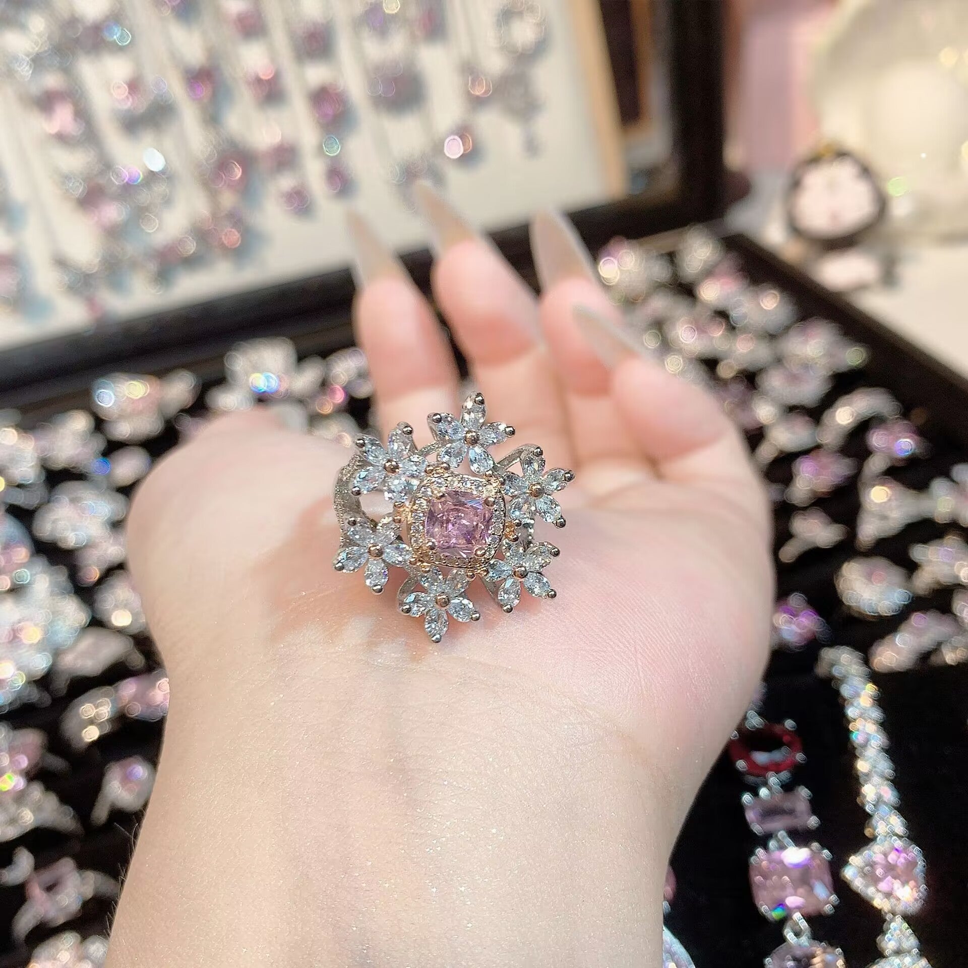 FENG SHUI - 32 Explosive high carbon diamond high quality ultra flash cherry blossom powder zirconium female ring collection advanced design sense ring