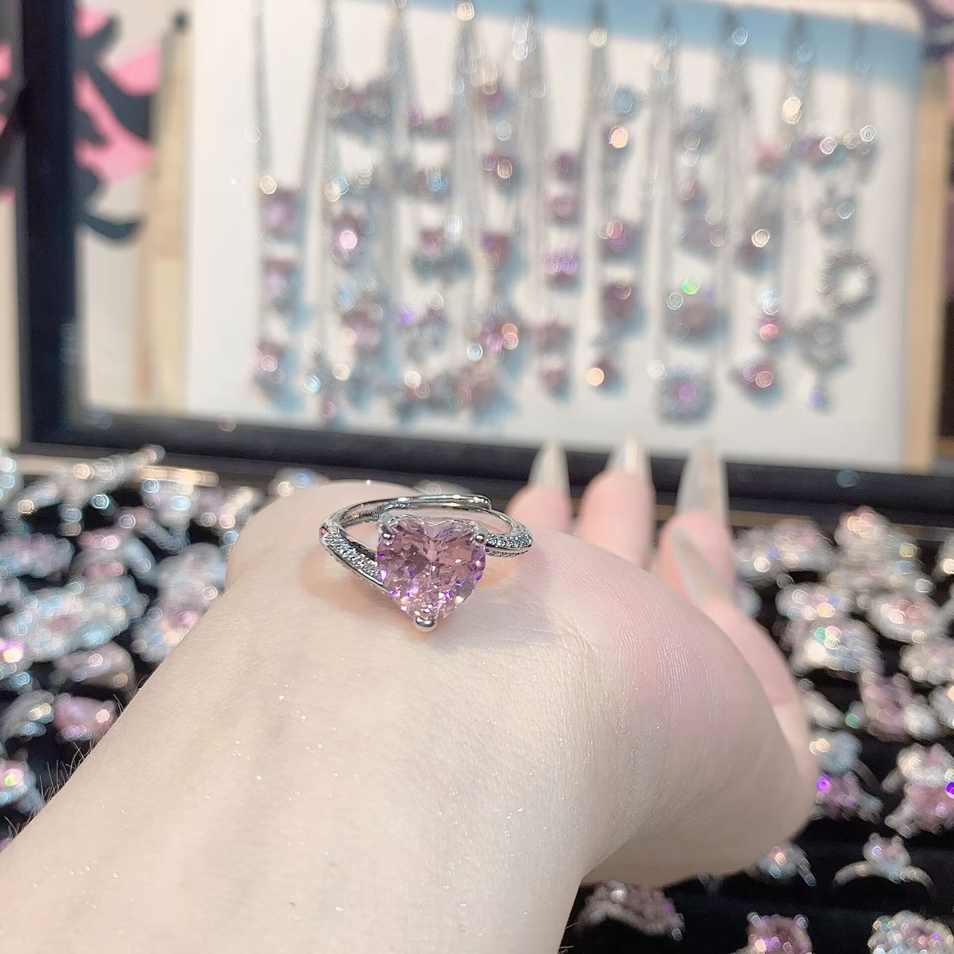 FENG SHUI - 32 Explosive high carbon diamond high quality ultra flash cherry blossom powder zirconium female ring collection advanced design sense ring