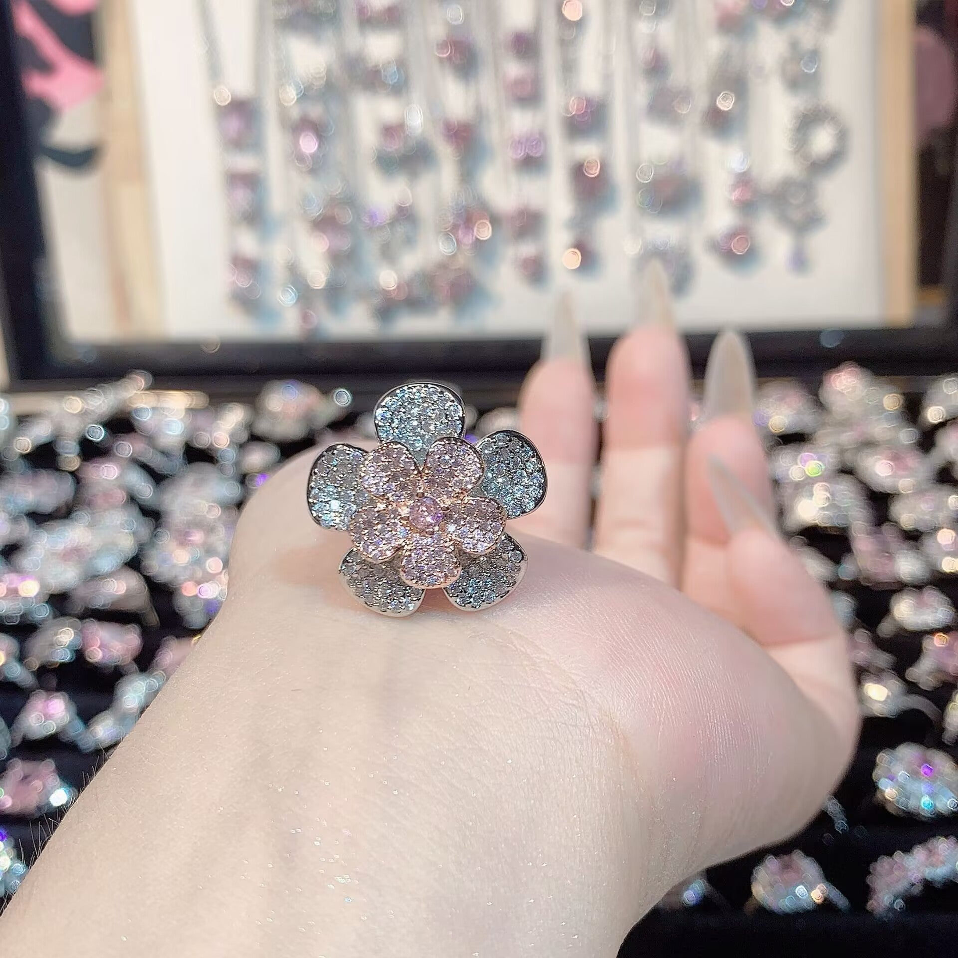 FENG SHUI - 32 Explosive high carbon diamond high quality ultra flash cherry blossom powder zirconium female ring collection advanced design sense ring