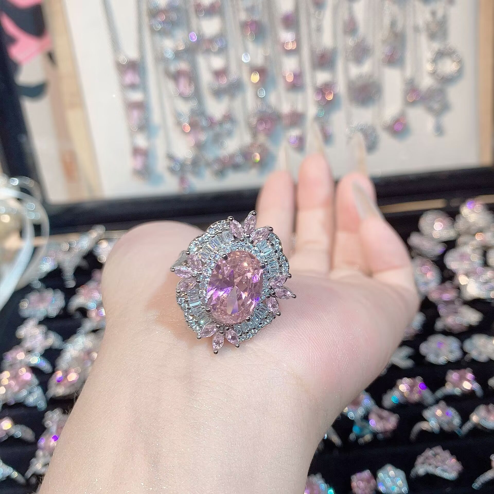 FENG SHUI - 32 Explosive high carbon diamond high quality ultra flash cherry blossom powder zirconium female ring collection advanced design sense ring