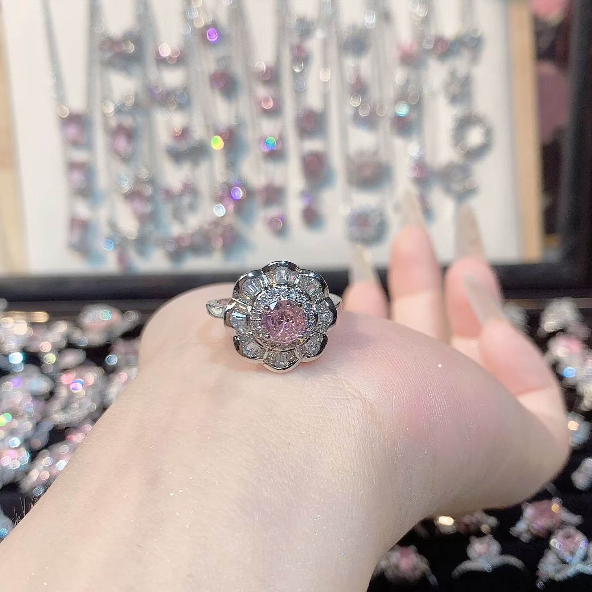 FENG SHUI - 33 Bright zircon cherry blossom pink diamond ring for women