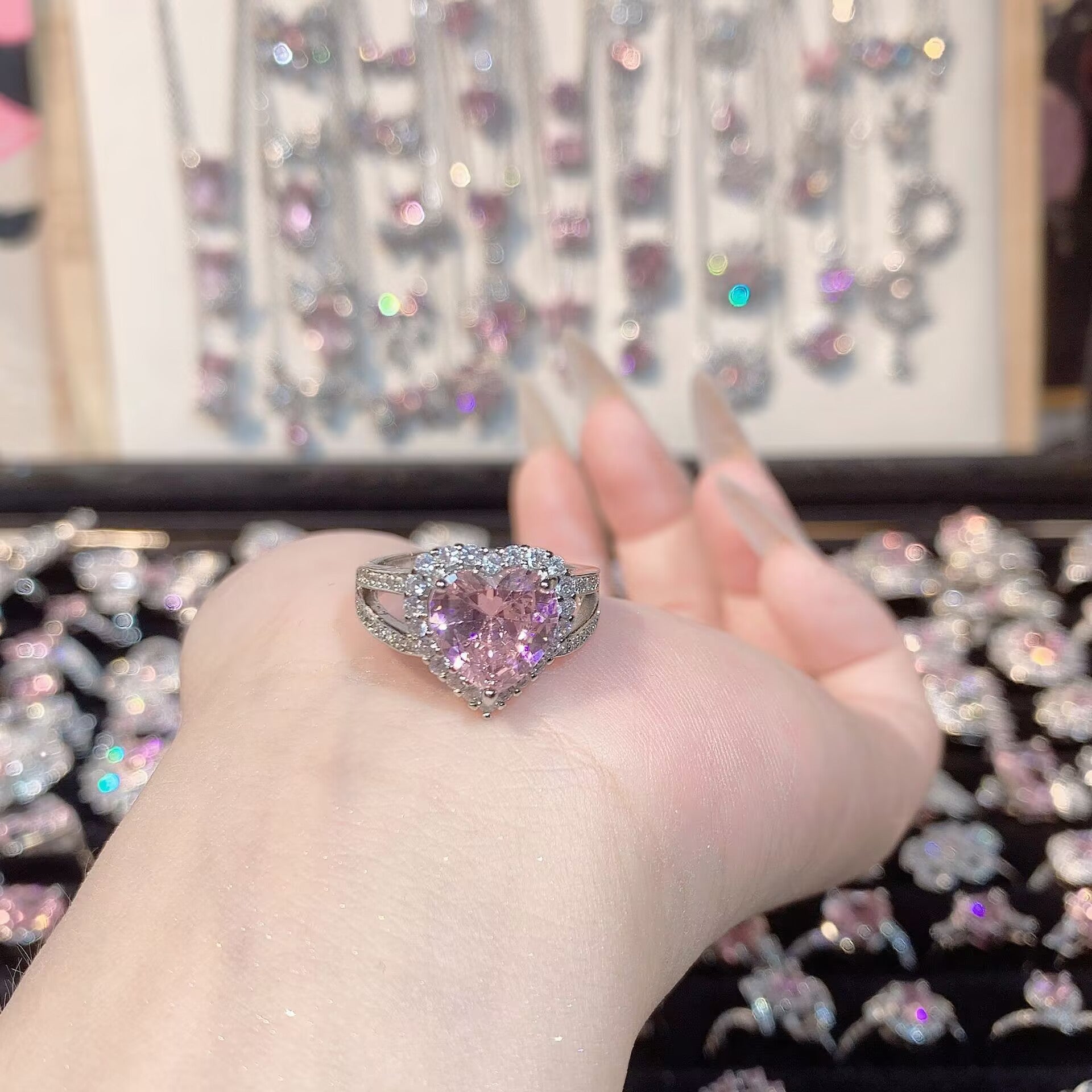 FENG SHUI - 32 Explosive high carbon diamond high quality ultra flash cherry blossom powder zirconium female ring collection advanced design sense ring