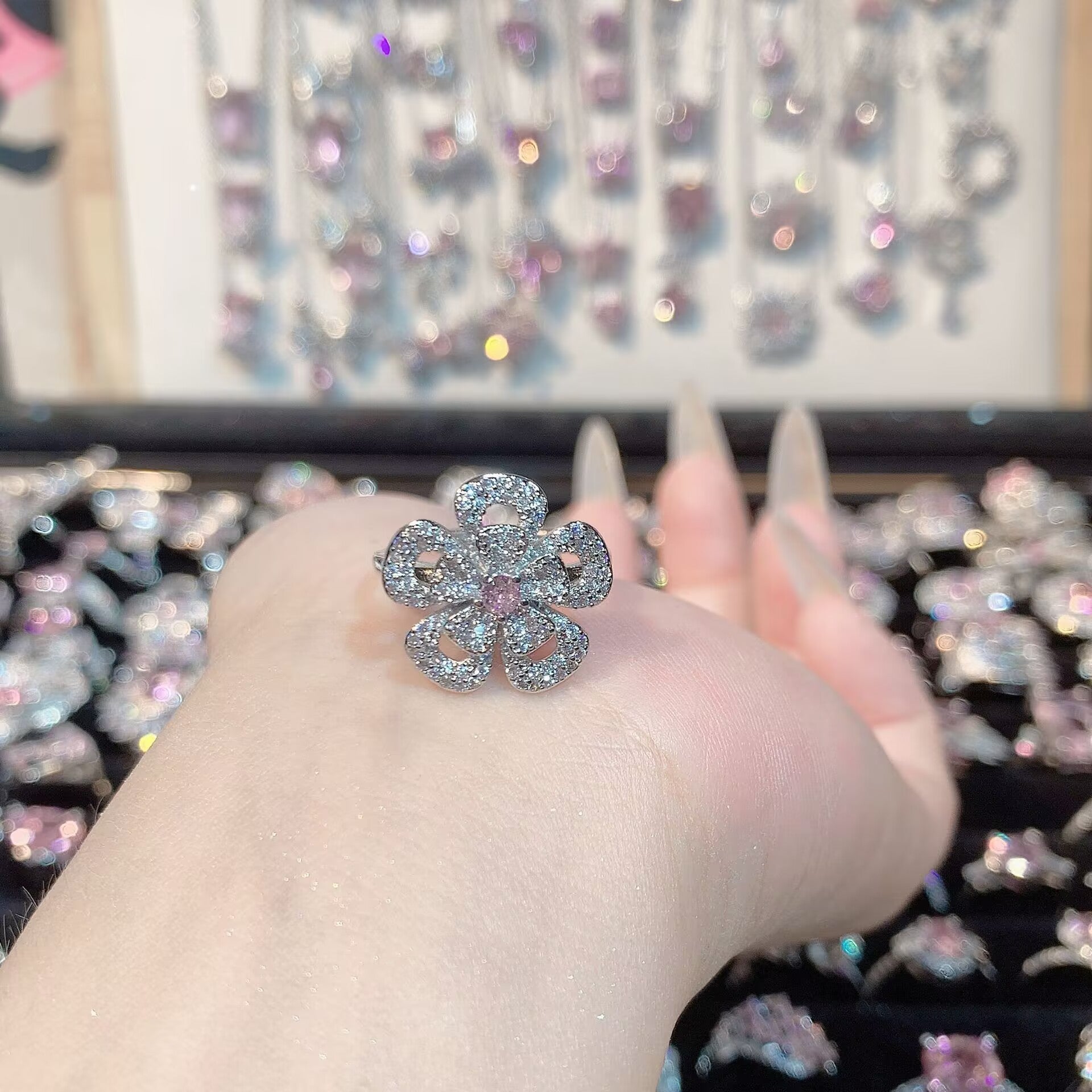 FENG SHUI - 32 Explosive high carbon diamond high quality ultra flash cherry blossom powder zirconium female ring collection advanced design sense ring