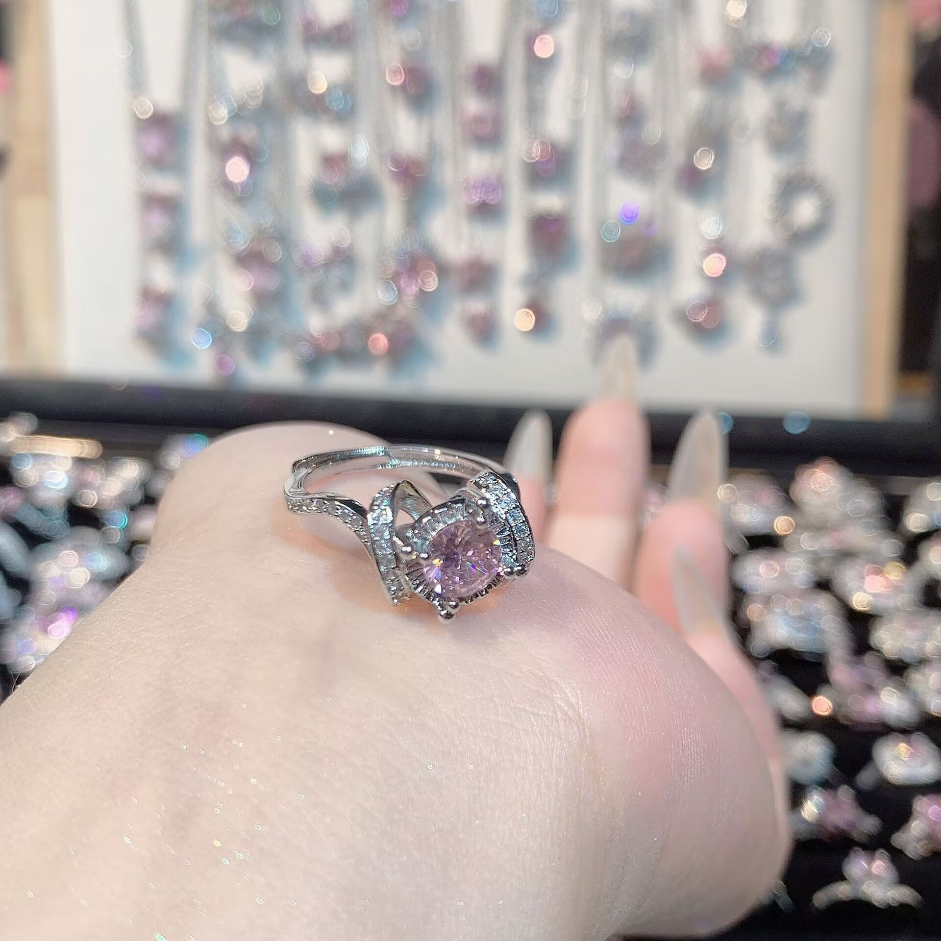 FENG SHUI - 32 Explosive high carbon diamond high quality ultra flash cherry blossom powder zirconium female ring collection advanced design sense ring