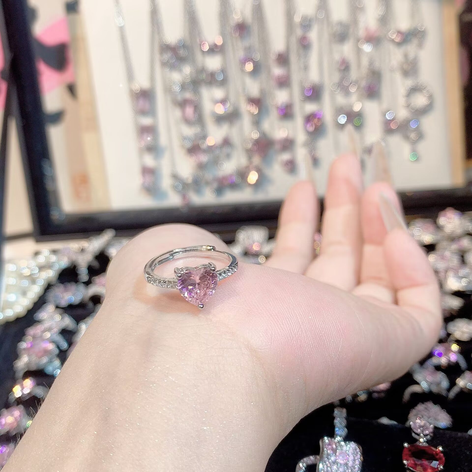 FENG SHUI - 32 Explosive high carbon diamond high quality ultra flash cherry blossom powder zirconium female ring collection advanced design sense ring