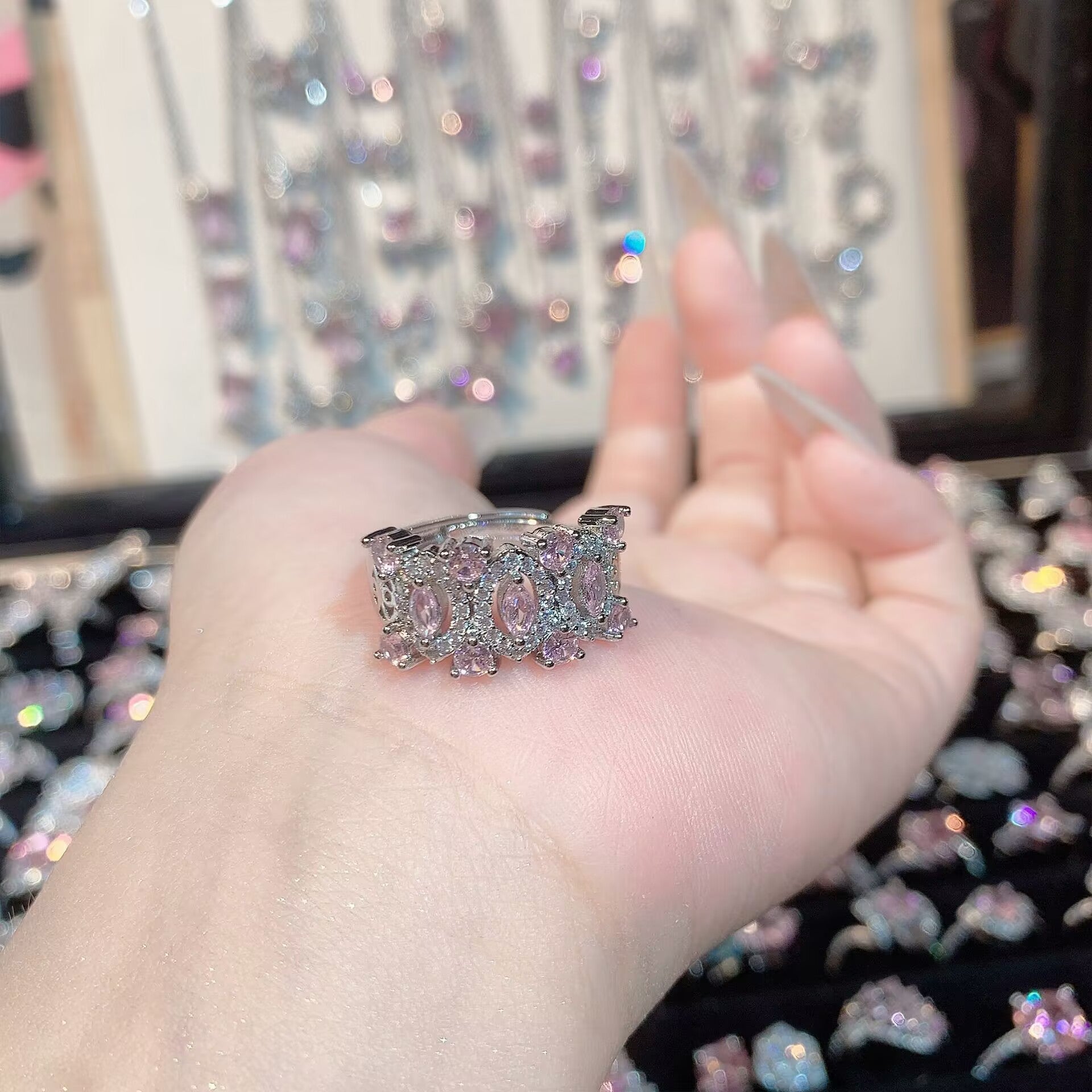 FENG SHUI - 32 Explosive high carbon diamond high quality ultra flash cherry blossom powder zirconium female ring collection advanced design sense ring