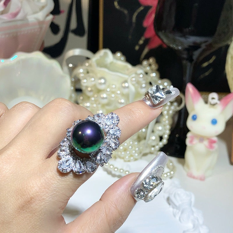 FENGSHUI - 37 Explosive diamond set natural pearl ring superior feeling shell beads，High order bright zircon necklace earrings