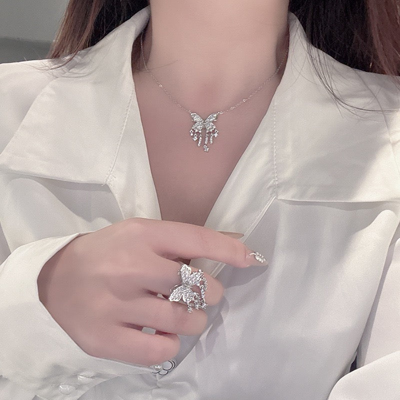 FENG SHUI - 35 Light luxury bright diamond fringe butterfly necklace，Simple everything with elegant bow ring