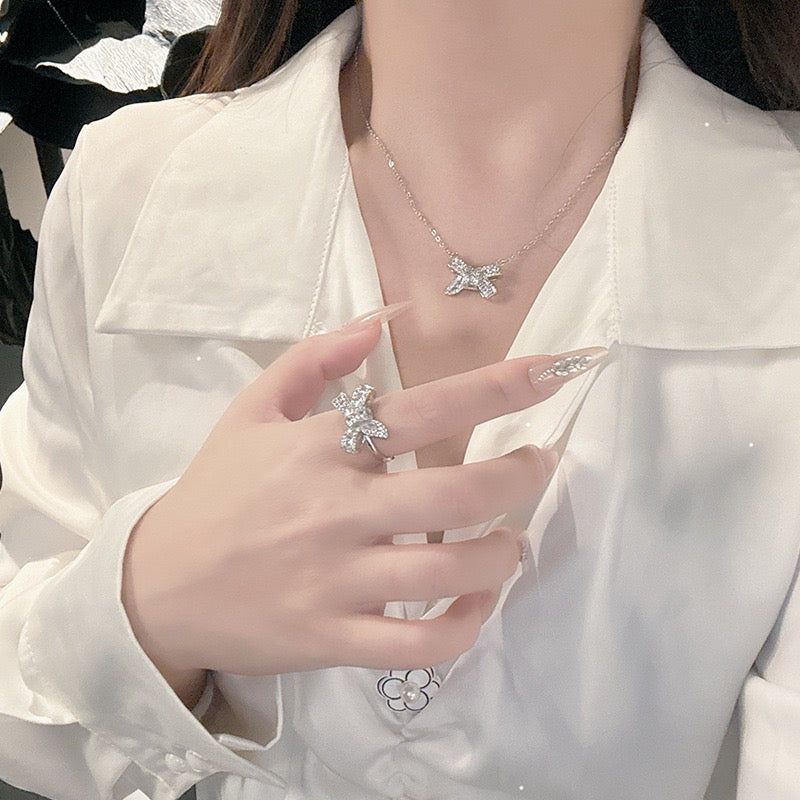 FENG SHUI - 35 Light luxury bright diamond fringe butterfly necklace，Simple everything with elegant bow ring
