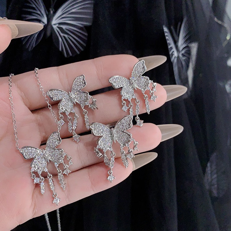 FENG SHUI - 35 Light luxury bright diamond fringe butterfly necklace，Simple everything with elegant bow ring