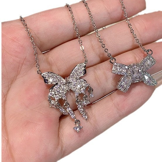 FENG SHUI - 35 Light luxury bright diamond fringe butterfly necklace，Simple everything with elegant bow ring