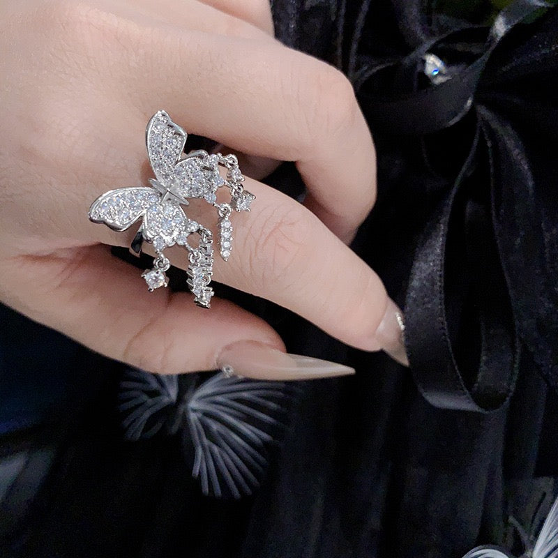FENG SHUI - 35 Light luxury bright diamond fringe butterfly necklace，Simple everything with elegant bow ring