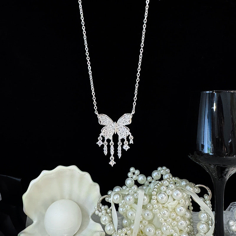 FENG SHUI - 35 Light luxury bright diamond fringe butterfly necklace，Simple everything with elegant bow ring