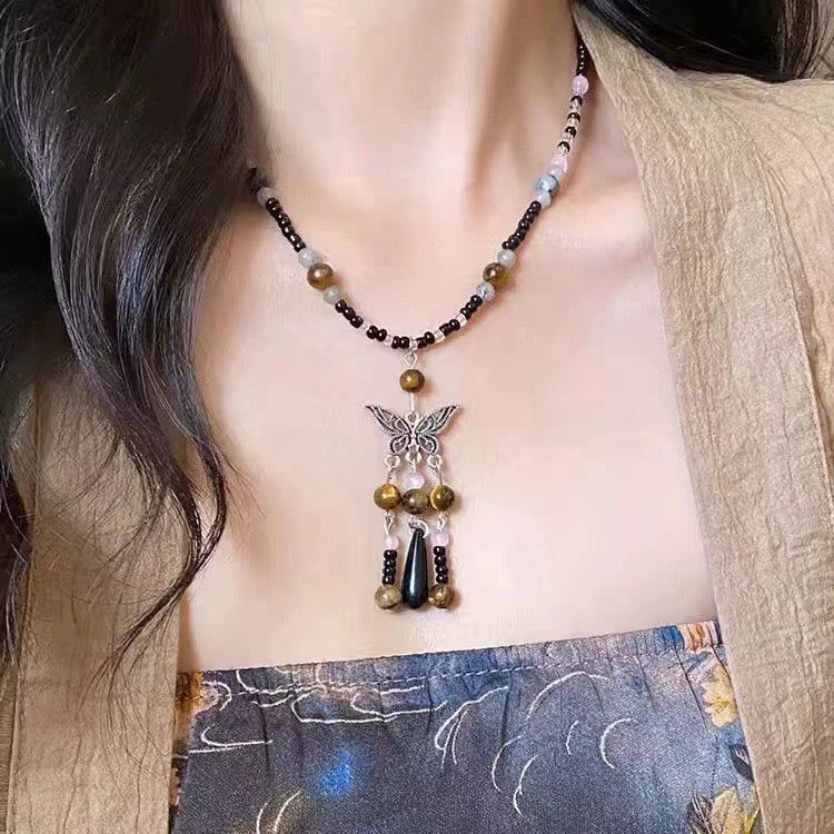 FENG SHUI - 4 New Chinese style retro ceramic butterfly bell pendant necklace new ethnic trench coat long necklace with accessories