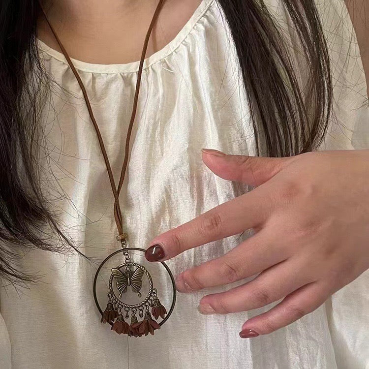 FENG SHUI - 4 New Chinese style retro ceramic butterfly bell pendant necklace new ethnic trench coat long necklace with accessories