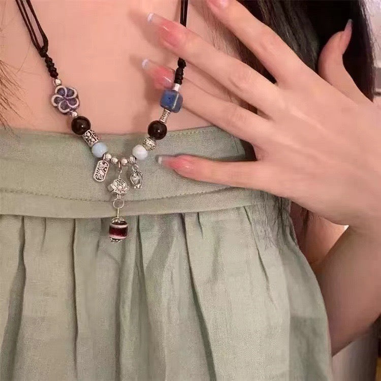 FENG SHUI - 4 New Chinese style retro ceramic butterfly bell pendant necklace new ethnic trench coat long necklace with accessories