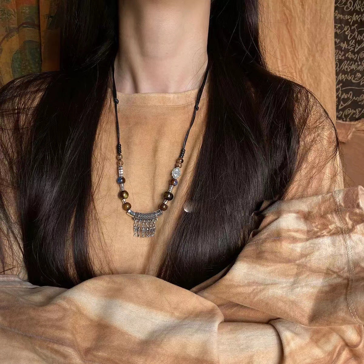 FENG SHUI - 4 New Chinese style retro ceramic butterfly bell pendant necklace new ethnic trench coat long necklace with accessories