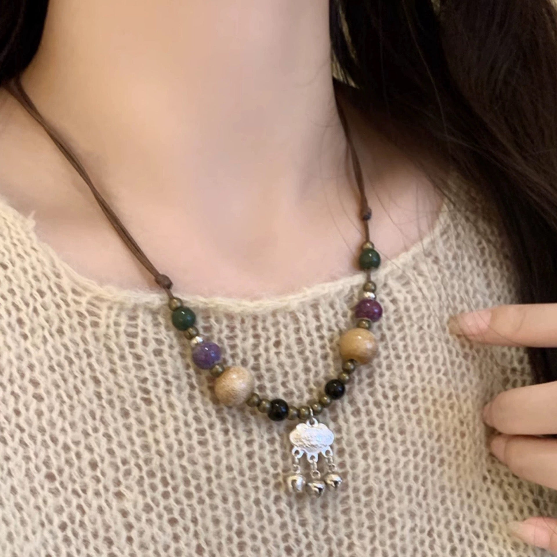 FENG SHUI - 4 New Chinese style retro ceramic butterfly bell pendant necklace new ethnic trench coat long necklace with accessories