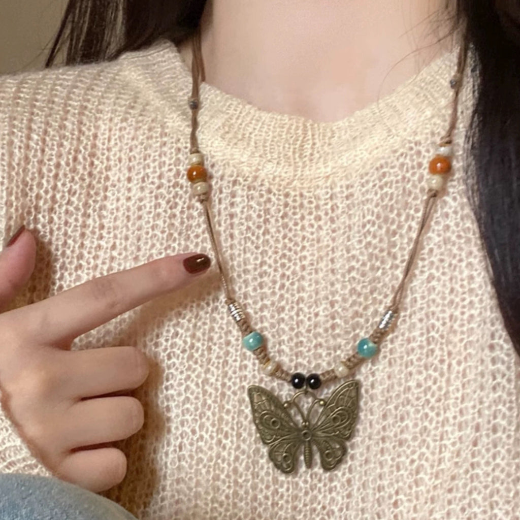 FENG SHUI - 4 New Chinese style retro ceramic butterfly bell pendant necklace new ethnic trench coat long necklace with accessories