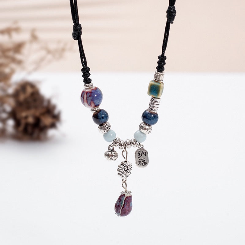 FENG SHUI - 4 New Chinese style retro ceramic butterfly bell pendant necklace new ethnic trench coat long necklace with accessories