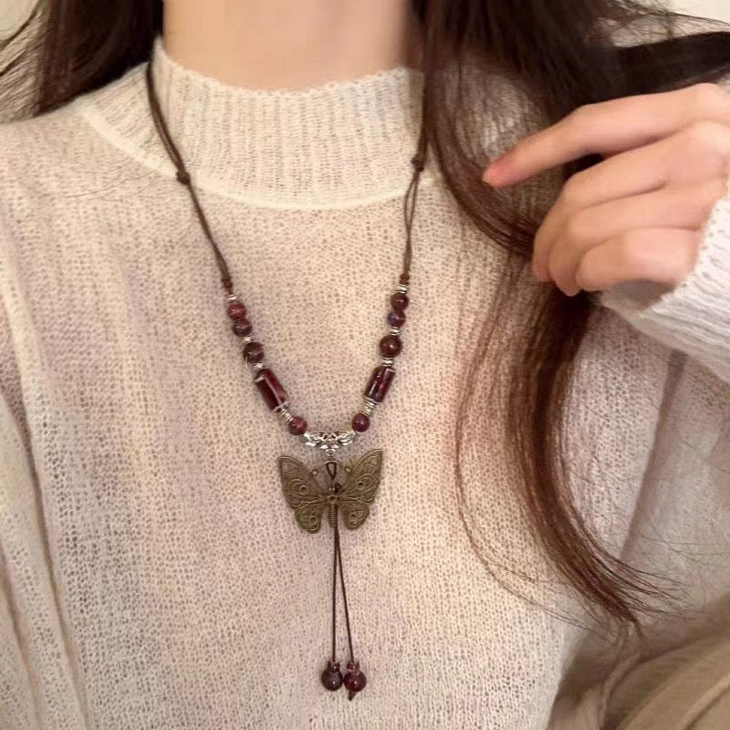 FENG SHUI - 4 New Chinese style retro ceramic butterfly bell pendant necklace new ethnic trench coat long necklace with accessories