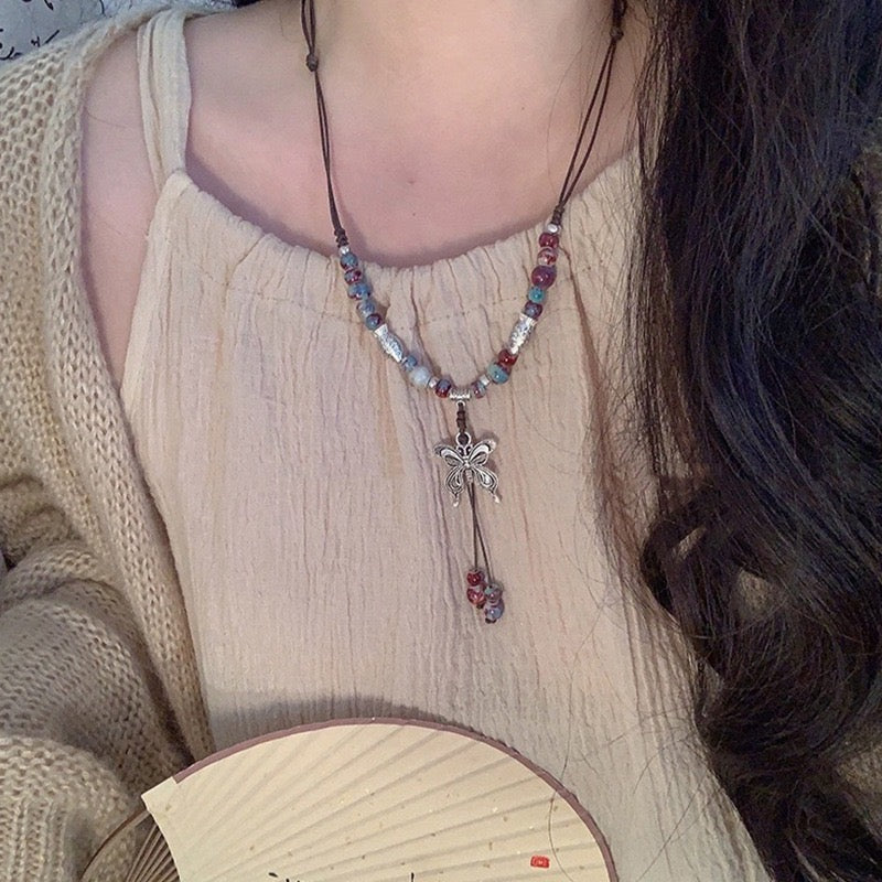 FENG SHUI - 4 New Chinese style retro ceramic butterfly bell pendant necklace new ethnic trench coat long necklace with accessories