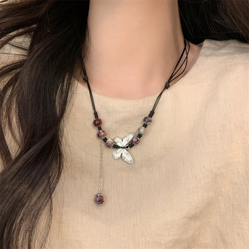 FENG SHUI - 4 New Chinese style retro ceramic butterfly bell pendant necklace new ethnic trench coat long necklace with accessories