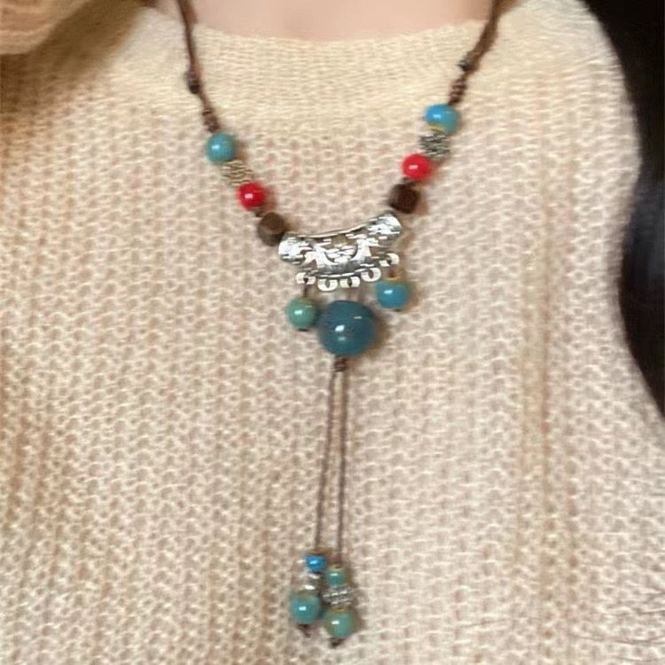 FENG SHUI - 4 New Chinese style retro ceramic butterfly bell pendant necklace new ethnic trench coat long necklace with accessories