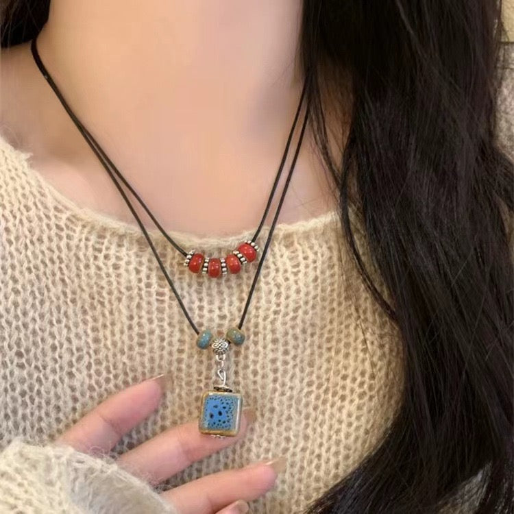 FENG SHUI - 4 New Chinese style retro ceramic butterfly bell pendant necklace new ethnic trench coat long necklace with accessories