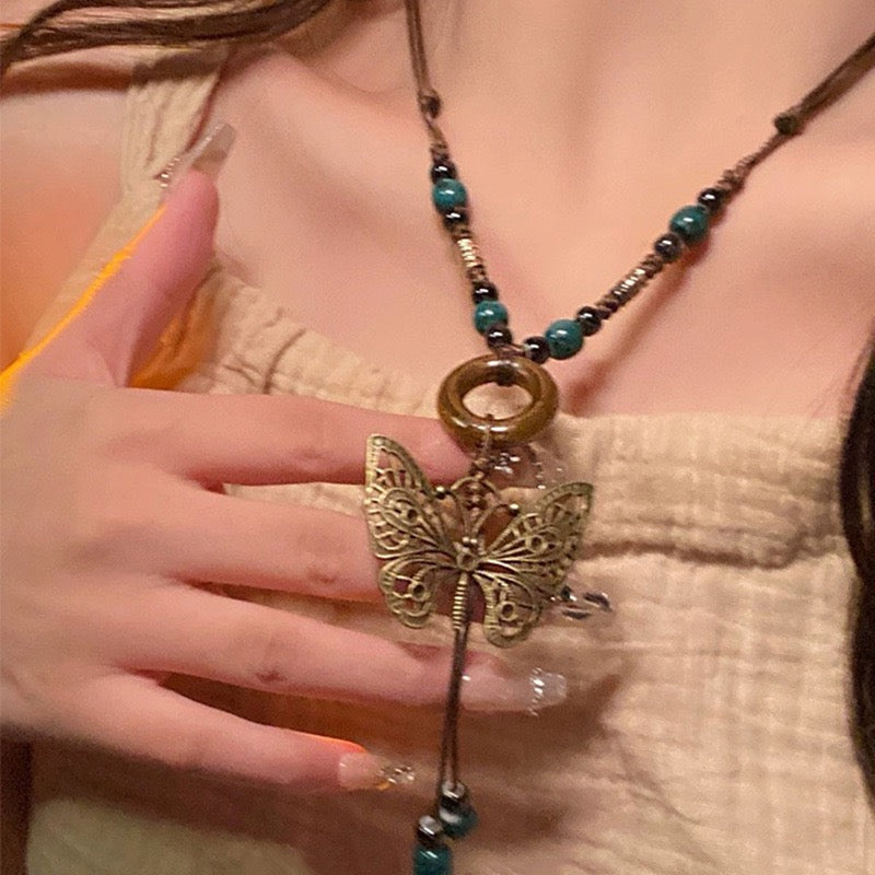 FENG SHUI - 4 New Chinese style retro ceramic butterfly bell pendant necklace new ethnic trench coat long necklace with accessories